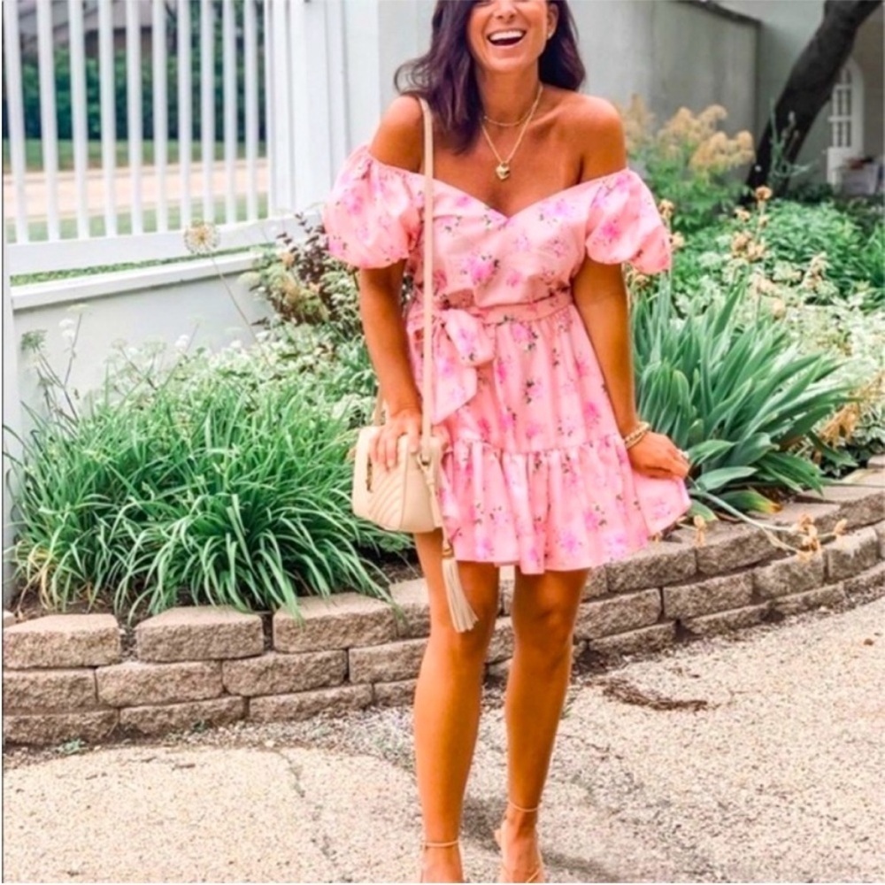 LoveShackFancy Pink Floral Off-Shoulder Mini Dress